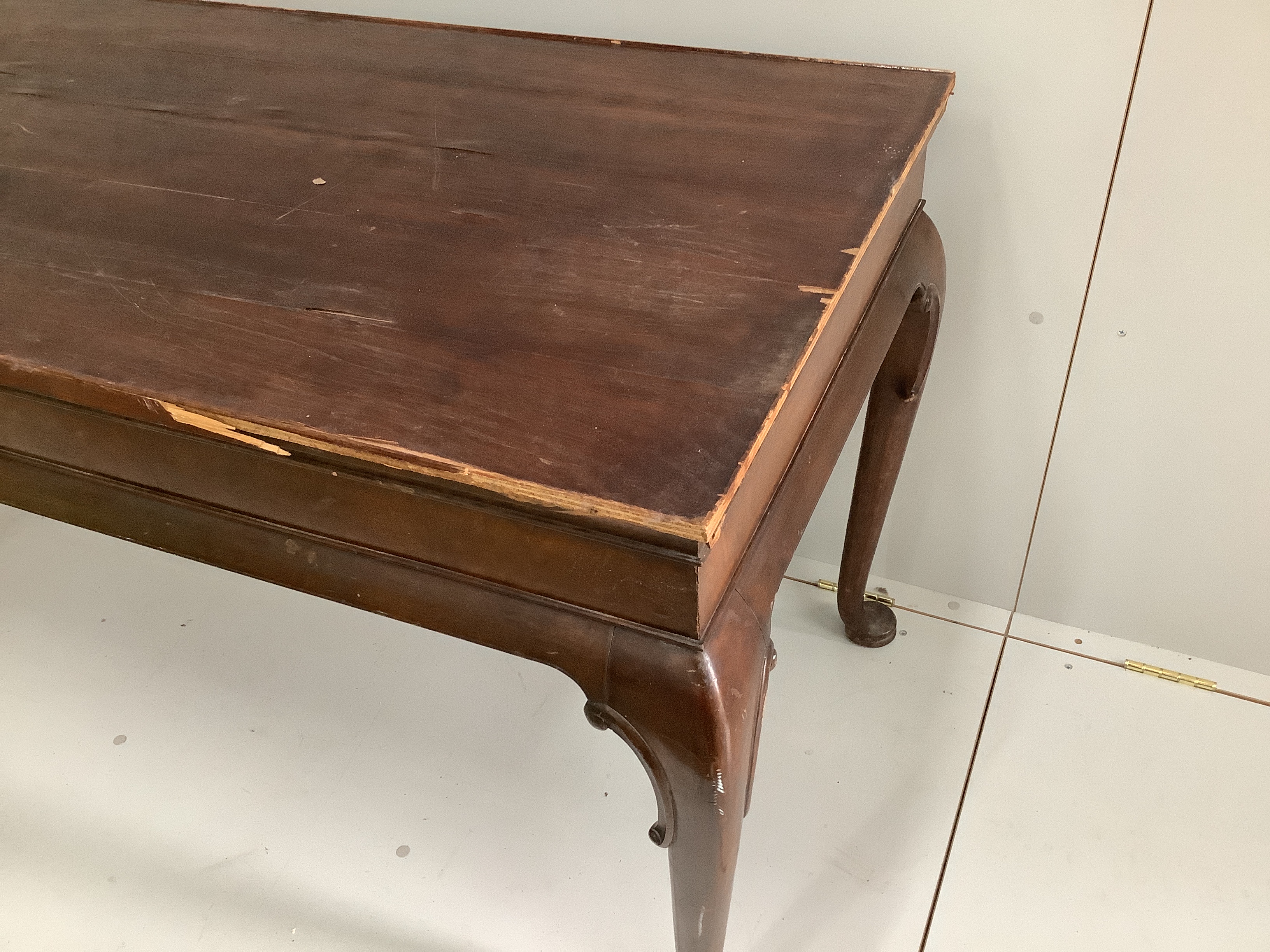 A Queen Anne revival rectangular oak and walnut centre table, adapted from a stand, width 139cm, depth 66cm, height 76cm